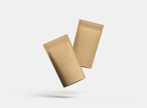 Render of a narrow paper doy-pack packaging with a zipper on a light backgrou Illustrazione stock