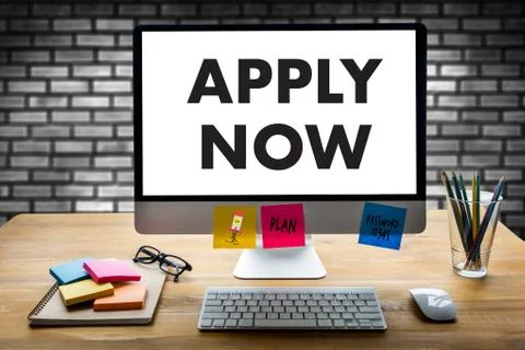 Render of office space with screen saying apply now Stock Photos