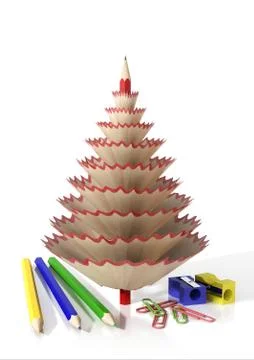 Render of office supplies and a tree made with a pencil shavings Stock Illustration