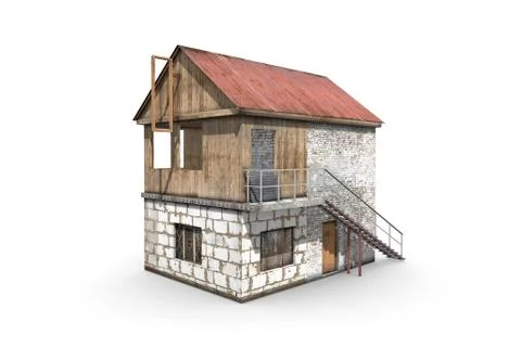 Render of an old ruined building on a white background Ilustración de archivo