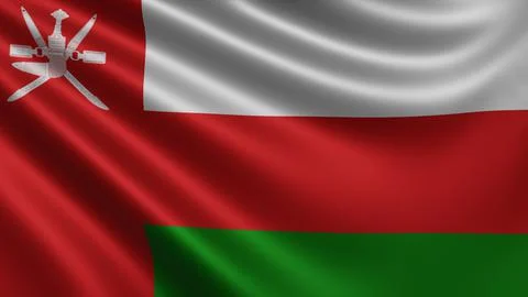 Render of the Oman flag flutters in the wind close-up, the national flag of Oman Stock Illustration