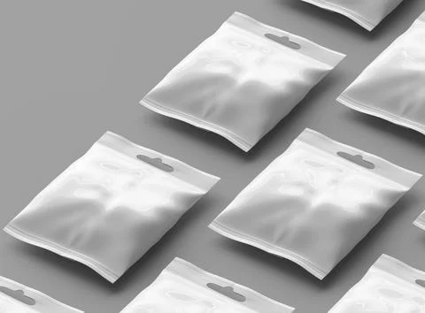 Render of a resealable zip-lock bag with hanging hole on a light background Stock Illustration