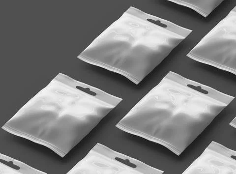 Render of a resealable zip-lock bag with hanging hole on a dark background Stock Illustration