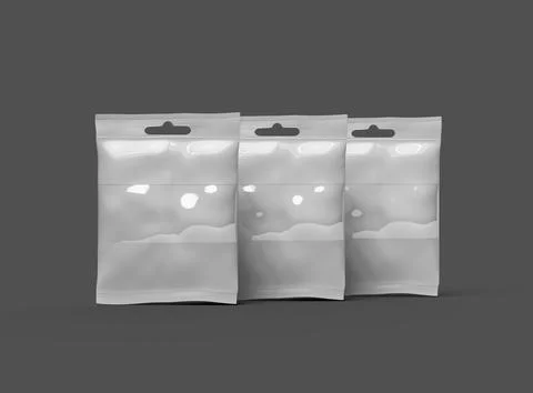 Render of a resealable zip-lock bag with hanging hole on a dark background Illustrazione stock