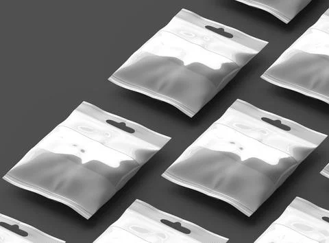 Render of a resealable zip-lock bag with hanging hole on a dark background Stock Illustration