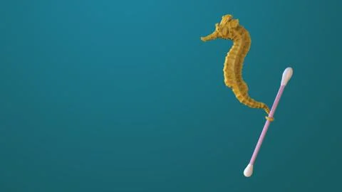 Render sculpt 3d Side view of a Common yellow Seahorse with swabs. Stop ocean Stockillustratie