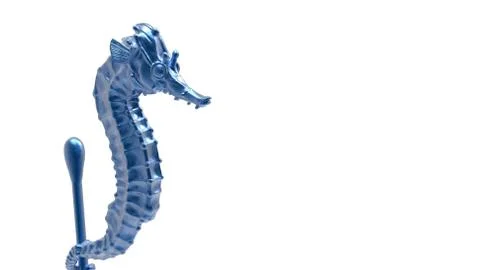 Render sculpt 3d Side view of a Common blue metal Seahorse with swabs. Stop o Иллюстрация