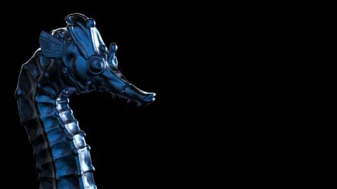 Render sculpt 3d Side view of a Common blue metal Seahorse with swabs. Stop o Stock Illustration