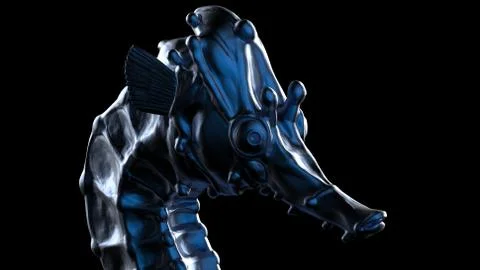 Render sculpt 3d Side view of a Common blue metal Seahorse with swabs. Stop o Stock Illustration