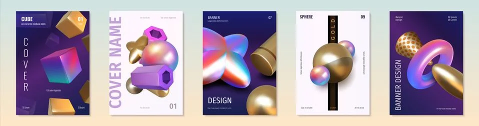 Render shapes posters. Abstract 3D holographic metallic elements. Golden and Stock Illustration