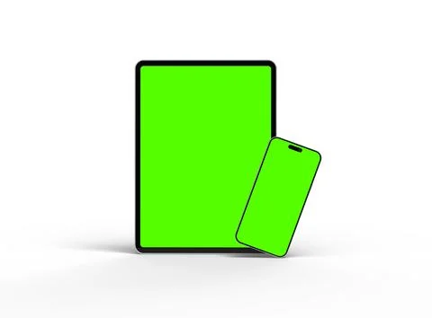 Render of smartphone and tablet with a green screen on a light background Stock Illustration