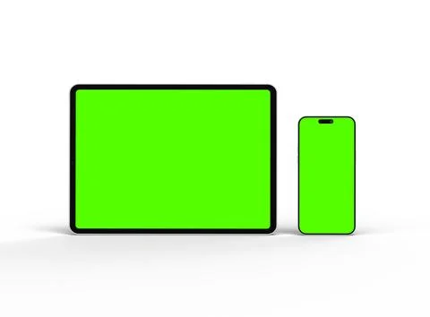 Render of smartphone and tablet with a green screen on a light background Stock Illustration