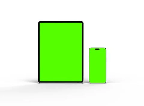 Render of smartphone and tablet with a green screen on a light background Stock Illustration