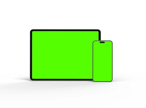 Render of smartphone and tablet with a green screen on a light background Stock Illustration