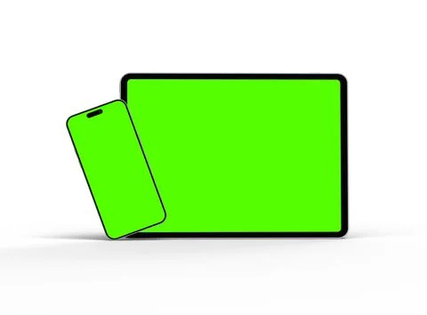 Render of smartphone and tablet with a green screen on a light background Stock Illustration