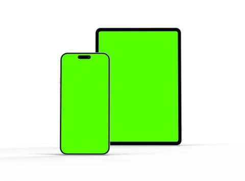 Render of smartphone and tablet with a green screen on a light background Illustrazione stock