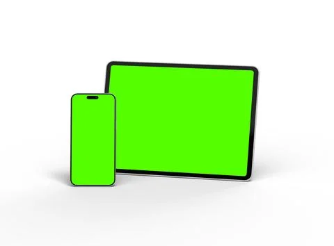 Render of smartphone and tablet with a green screen on a light background Stock Illustration