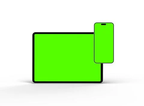 Render of smartphone and tablet with a green screen on a light background Stock Illustration