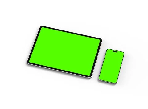 Render of smartphone and tablet with a green screen on a light background Stock Illustration