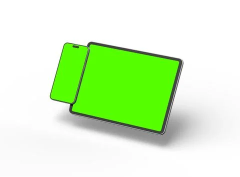 Render of smartphone and tablet with a green screen on a light background Illustrazione stock