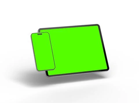 Render of smartphone and tablet with a green screen on a light background Stock Illustration