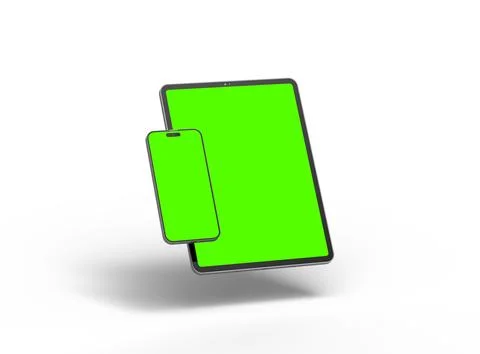 Render of smartphone and tablet with a green screen on a light background Stock Illustration