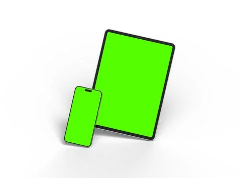 Render of smartphone and tablet with a green screen on a light background Stock Illustration