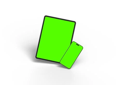 Render of smartphone and tablet with a green screen on a light background Stock Illustration