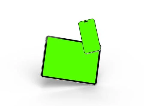 Render of smartphone and tablet with a green screen on a light background Stock Illustration