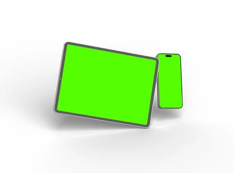 Render of smartphone and tablet with a green screen on a light background Stock Illustration