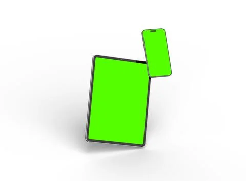 Render of smartphone and tablet with a green screen on a light background Stock Illustration