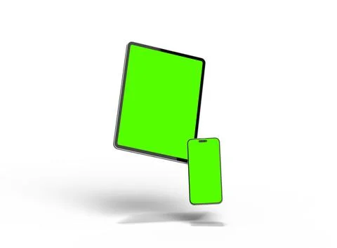 Render of smartphone and tablet with a green screen on a light background Stock Illustration