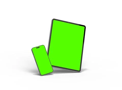 Render of smartphone and tablet with a green screen on a light background Stock Illustration