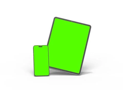 Render of smartphone and tablet with a green screen on a light background Stock Illustration