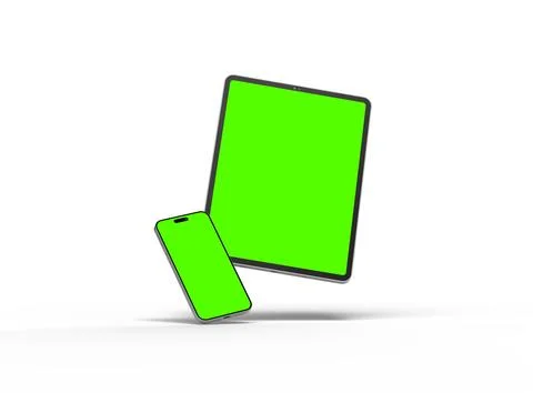 Render of smartphone and tablet with a green screen on a light background Stock Illustration