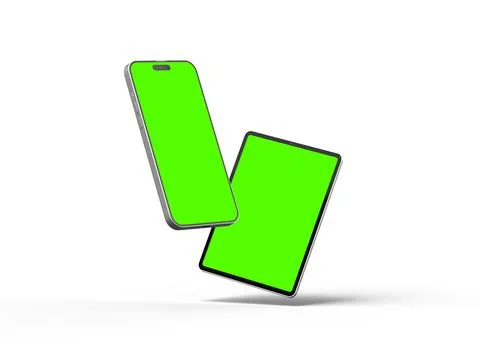 Render of smartphone and tablet with a green screen on a light background Stock Illustration