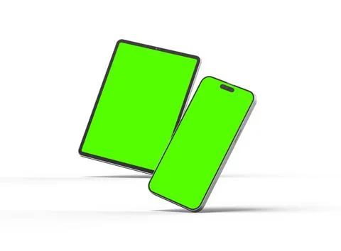 Render of smartphone and tablet with a green screen on a light background Stock Illustration