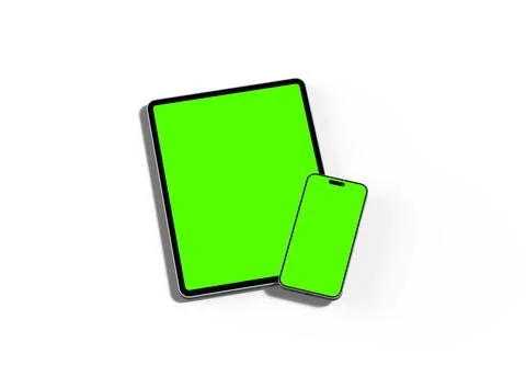 Render of smartphone and tablet with a green screen on a light background Stock Illustration