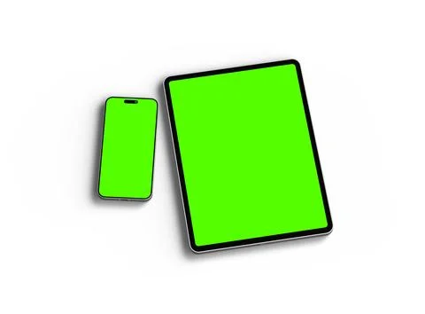 Render of smartphone and tablet with a green screen on a light background Stock Illustration