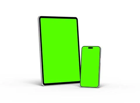 Render of smartphone and tablet with a green screen on a light background Illustrazione stock