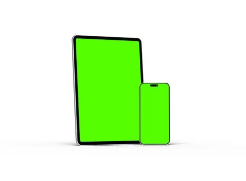Render of smartphone and tablet with a green screen on a light background Stock Illustration
