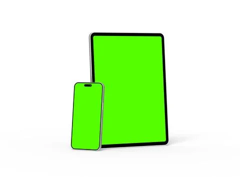 Render of smartphone and tablet with a green screen on a light background Stock Illustration