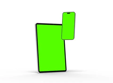 Render of smartphone and tablet with a green screen on a light background Stock Illustration