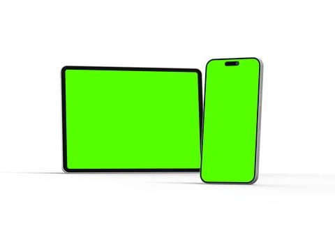 Render of smartphone and tablet with a green screen on a light background Stock Illustration