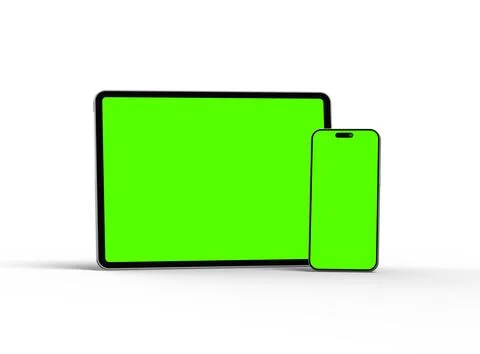 Render of smartphone and tablet with a green screen on a light background Stock Illustration