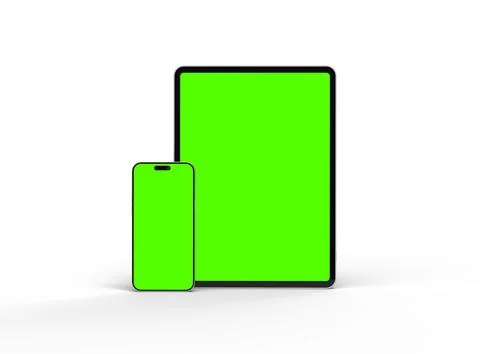 Render of smartphone and tablet with a green screen on a light background Illustrazione stock