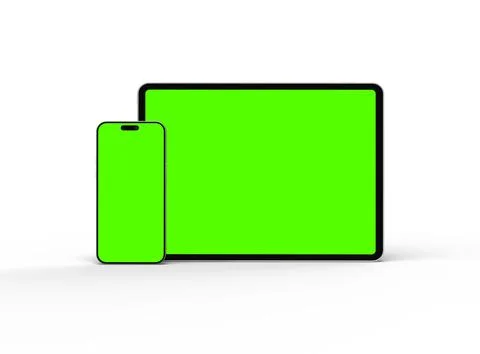 Render of smartphone and tablet with a green screen on a light background Stock Illustration