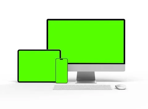 Render of smartphone, tablet, desktop with green screens on a light background Stock Illustration
