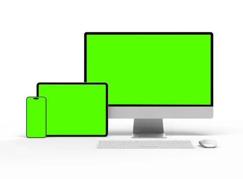 Render of smartphone, tablet, desktop with green screens on a light background Stock Illustration