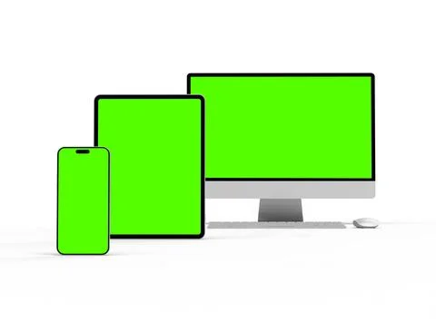 Render of smartphone, tablet, desktop with green screens on a light background Stock Illustration